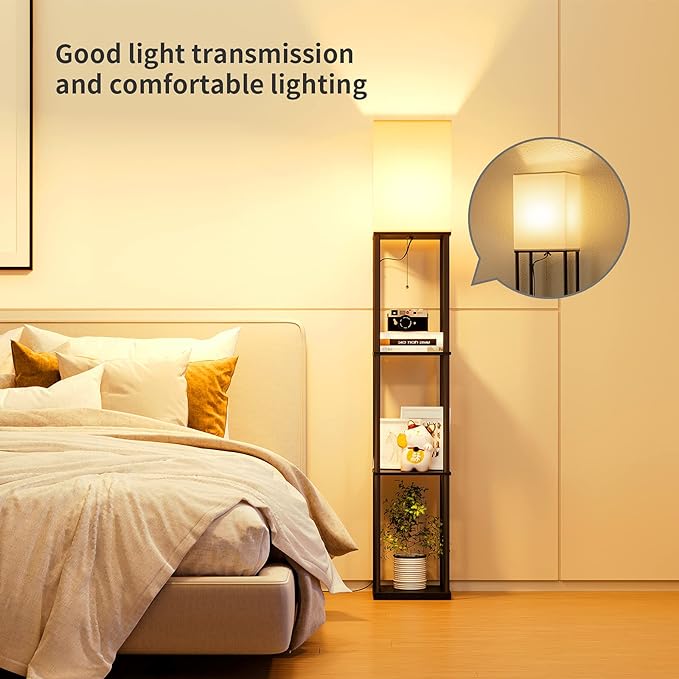 SUNMORY Floor Lamp with Shelves, Modern Square Standing Lamp with 3 Color Temperature Bulb, Corner Display Bookshelf Lamp for Living Room and Bedroom(Black)