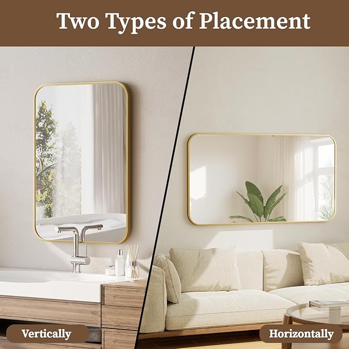 BEAUTYPEAK 26" x 38" Rectangular Aluminum Alloy Frame Wall Mounted Bathroom Mirror with Rounded Corners, Gold