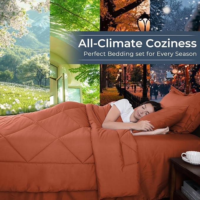HEVUMYI Burnt Orange Twin Comforter Set - 5-Piece All Season Bed in a Bag Twin, Ultra Soft Bedding Set with Comforter, Flat Sheet, Fitted Sheet, Pillowcases, Pillow Shams