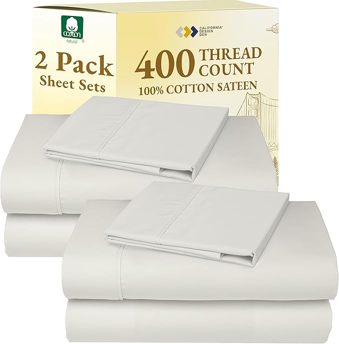 2-Pack Twin XL Sheet Set - 400 Thread Count Sateen 100% Cotton Twin XL Sheet Sets - Soft, Breathable & Cooling Sheets, Wrinkle Resistant, 2 Sets of Deep Pocket Bed Sheets - Ivory (Pale Tone)