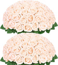 BLEUM CADE 50 Pcs Champagne Roses Artificial Flowers, Real Touch Velvet Roses Fake Flowers Bulk, Artificial Roses Bouquet with Long Stems Bridal DIY Wedding Party Centerpiece Decorations