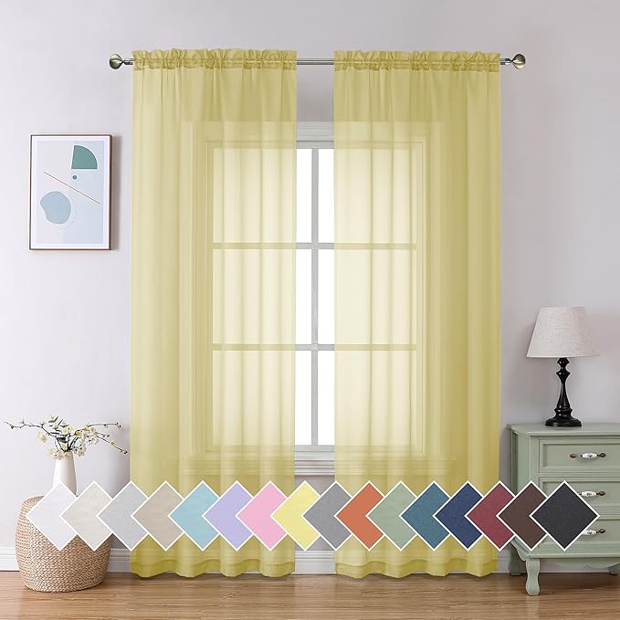 Aiyufeng Yellow Sheer Curtains 2 Panel Sets 84 Inches Long - Transparent Light Weight Soft Yellow Window Treatment Panels for Study Room/Living Room/Guest Room, Per Panel W40 X L84 inches