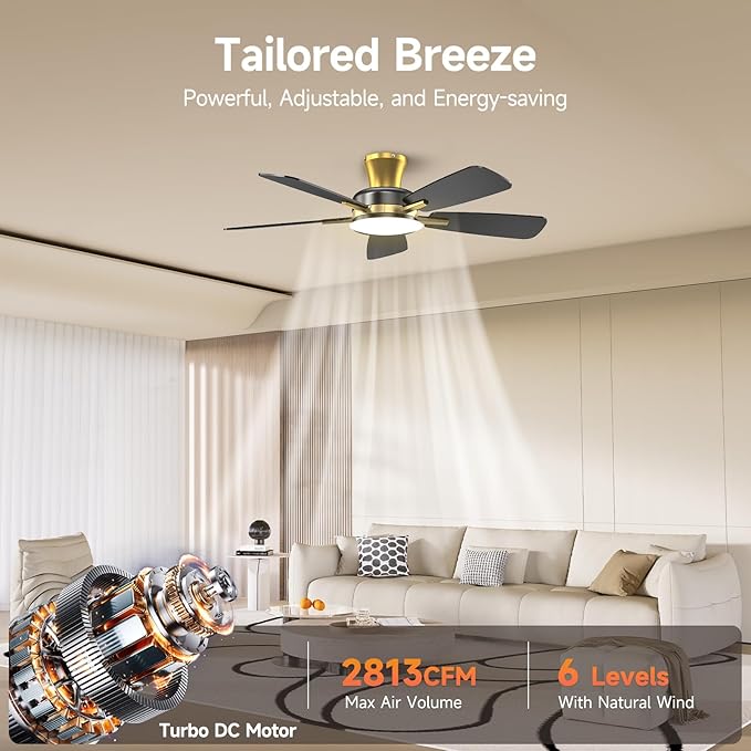 TALOYA Ceiling Fans with Lights and Remote, 46 Inch Low Profile Ceiling Fan with Light, Flush Mount, Reversible, 3CCT, Dimmable Modern Ceiling Fan for Bedroom, Living Room, Outdoor Patio, Black Gold