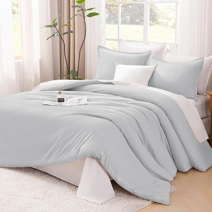 Litanika Light Grey Twin/Twin XL Comforter Set, 2 Pieces Lightweight Solid Bedding Comforter Set, All Season Fluffy Bed Set (66x90In Comforter & 1 Pillowcase)