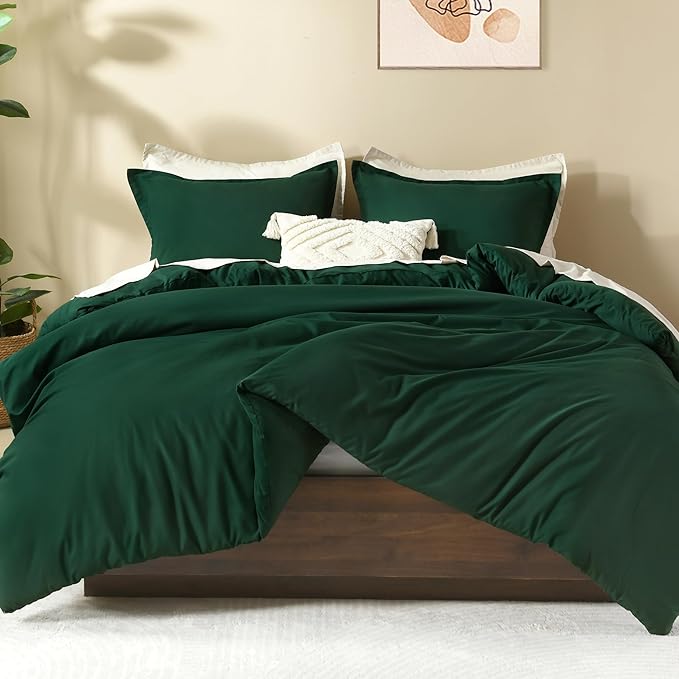 Litanika Dark Emerald Green King Comforter Set, 3 Pieces Solid Forest Bedding Set, All Season Fluffy Bed Set (104x90In Comforter & 2 Pillowcases)