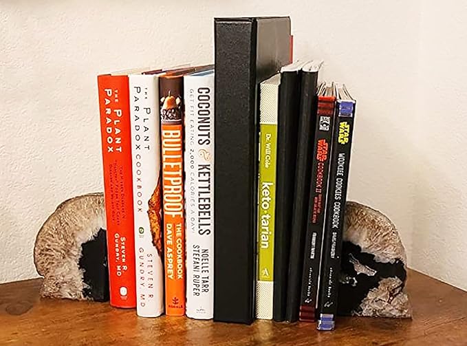 AMOYSTONE Crystal Stone Bookends Decorative Agate Book Ends Holder Geode Bookend Heavy Duty Natural Black Color (1 Pair, 4-6 LBS)