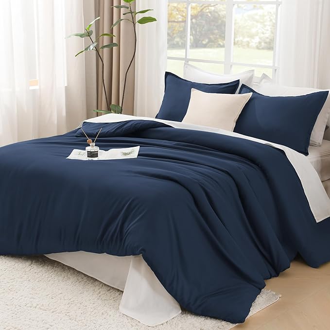Litanika Navy Blue Comforter King Size, 3 Pieces Lightweight Solid Bedding Comforter Set, All Season Fluffy Bed Set (104x90In Comforter & 2 Pillowcases)