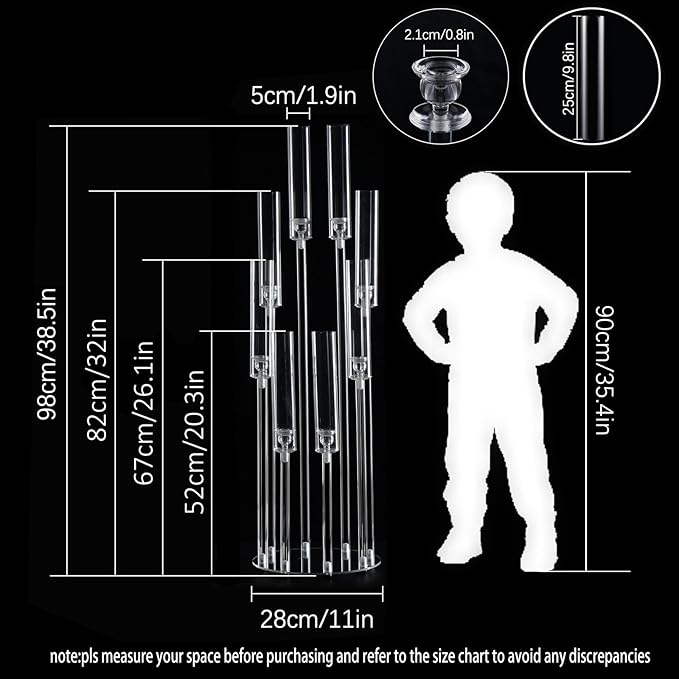 10Sets 8 Arm Acrylic Candelabra Candle Holder for Wedding,38.5 inches Tall Clear Candlestick Holders with Shade for Tables Party Event Dinner Decoration (Fit 0.8" Led Candles)