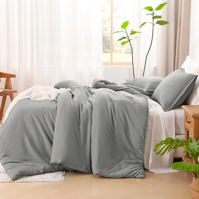 Litanika Comforters Medium Gray Full Size, 3 Pieces Lightweight Solid Bedding Set & Collections, All Season Fluffy Bed Set (79x90In Comforter & 2 Pillowcases)