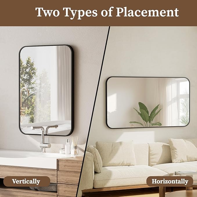 BEAUTYPEAK Black Rectangular Bathroom Mirror - 30" x 40" Wall Mounted Aluminum Alloy Frame Mirror with Rounded Corners for Bedroom Living Room, Horizontal or Vertical