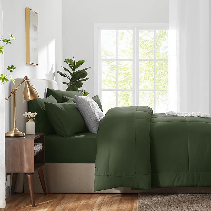 CozyLux Full Size Comforter Sets Olive Green, 7 Pieces Bed in a Bag, Green Comforter Full Size, All Season Bedding Sets with Stitch Quilted Comforter, Flat Sheet, Fitted Sheet, Pillowcases