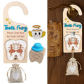 4Pcs Tooth Fairy Door Holder - Wooden Door Hanger Gift Set with Keepsake Box and Bag & Reward Badge, Gifts and Bedroom Decorations Suitable for Lost Teeth Girls and Boys