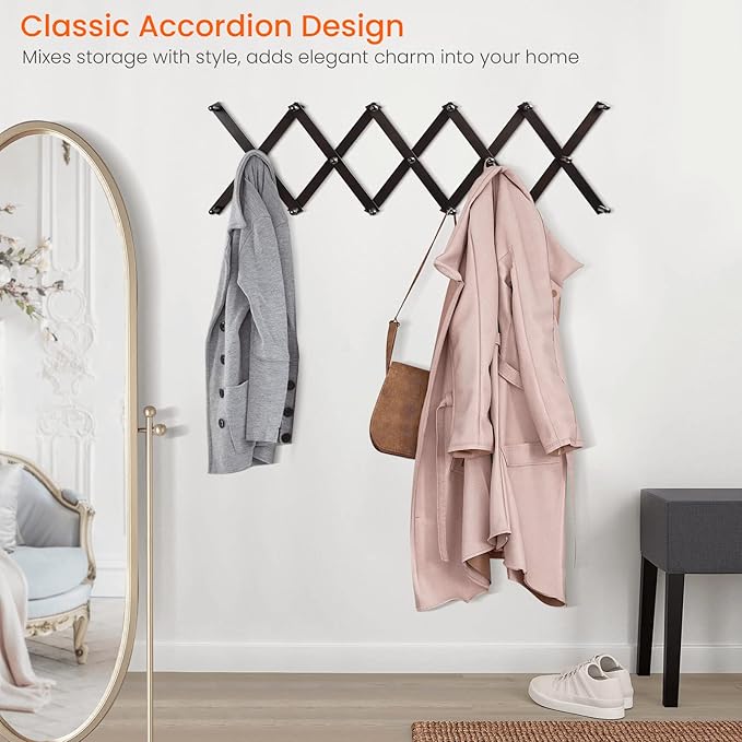 Homode Accordion Wall Hanger, Hat Hangers Wall Mounted, Wood Accordian Coat Rack with 17 Hooks, Expandable Peg Rack Wall Organizer for Hanging Baseball Caps, Hats, Purse, Coffee Cup, Bag, Walnut