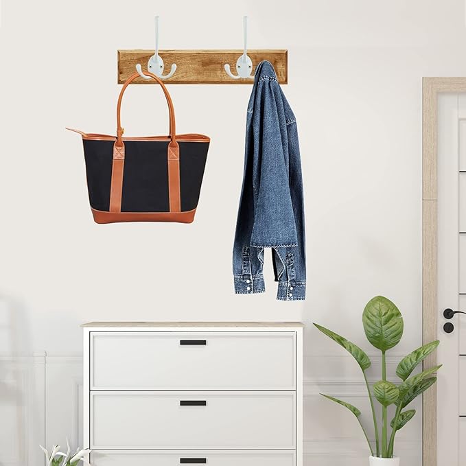 IBosins 6 Pack Big Heavy Duty Three Prongs Coat Hooks Wall Mounted with 12 Screws Retro Double Utility Rustic Hooks for Thick Coat, Big Heavy Bags (White)