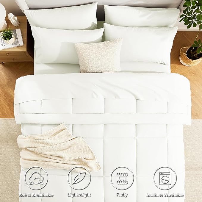 CozyLux Queen Size Comforter Set Ivory - 7 Pieces Bed in a Bag, Cream Off White Comforter Queen Size, Bedding Sets with All Season Quilted Comforter, Flat Sheet, Fitted Sheet, Pillowcases