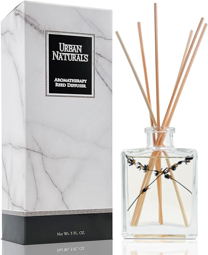 Urban Naturals Lavender Fields Oil Essential Oil Reed Diffuser Set with Real Lavender! French Blossoms, Geranium & Clary Sage – Sleek Rectangular Refillable Glass Bottle – Made in The USA