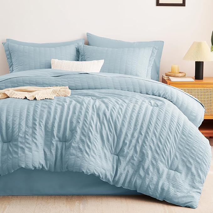 CozyLux King Size Comforter Set Light Blue Seersucker 7 Pieces Bed in a Bag King Comforter Set with Sheets, Luxury Bedding Set with Down Alternative Comforter, Sheets, Pillowcases & Shams All Seasons
