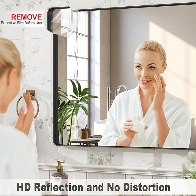 60x40 Inch Black Matte Framed Bathroom Mirror for Wall, Rounded Corner Rectangle Vanity Mirror, Tempered Glass, Anti-Rust, Shatterproof (Horizontal/Vertical)