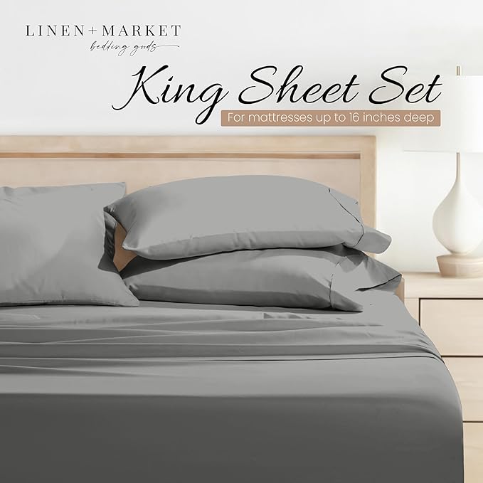 Linen Market Brushed Microfiber King Sheet Set 4 Piece – Oeko-TEX Certified Ultra Soft & Wrinkle-Free - 16" Deep Pocket Sheets - Easy Care King Size - Gray