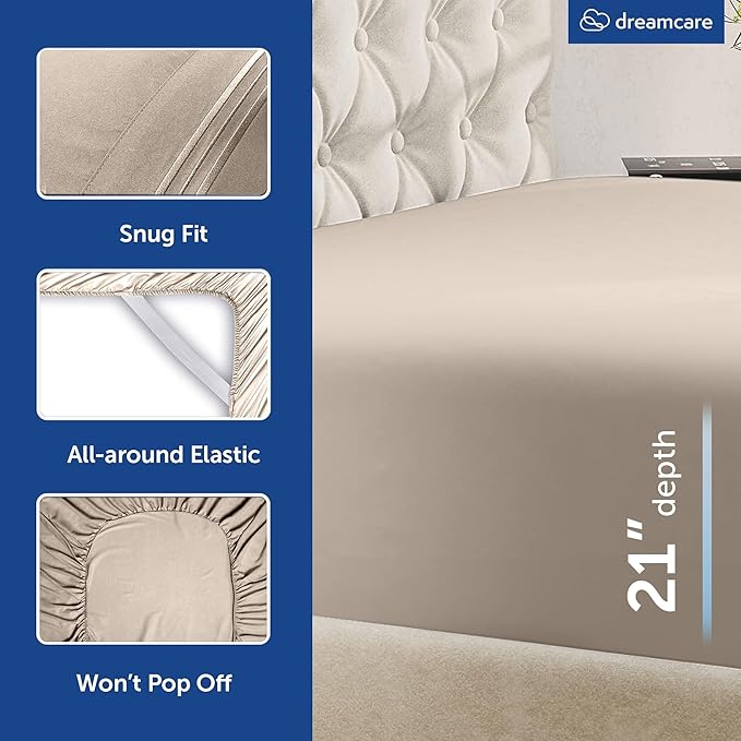 DREAMCARE King Size Sheets Set – 4 pcs Cooling Sheets – up to 21” Deep Pocket King Sheet Set – Hotel Luxury Sheets & Pillowcases – Superior Softness 100% Microfiber with Side Pocket - Beige
