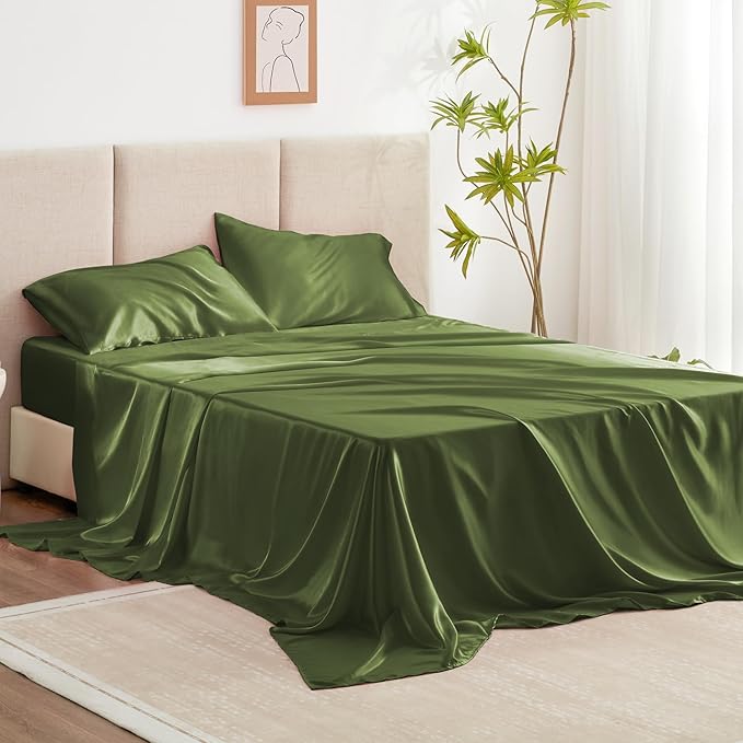 Love's cabin Twin XL Satin Sheet Sets - 3 Piece Sage Silky Bed Sheets with Deep Pockets, Luxury Silk Feel Satin Sheet Set Twin XL (1 Flat Sheet,1 Fitted Sheet,1 Pillow case)