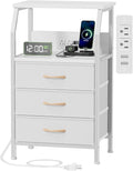 Furnulem Night Stand with Charging Station, 28.3 Inch Tall Bedside Table with PVC Drawers, End Table with USB Ports and Outlets, 3 Fabric Drawer Storage Nightstand for Bedroom, 3 Ways to Use, White