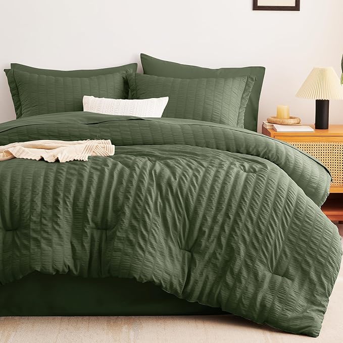 CozyLux King Size Comforter Set Olive Green Seersucker 7 Pieces Bed in a Bag King Comforter Set with Sheets, Luxury Bedding Set with Down Alternative Comforter, Sheets, Pillowcases & Shams All Seasons