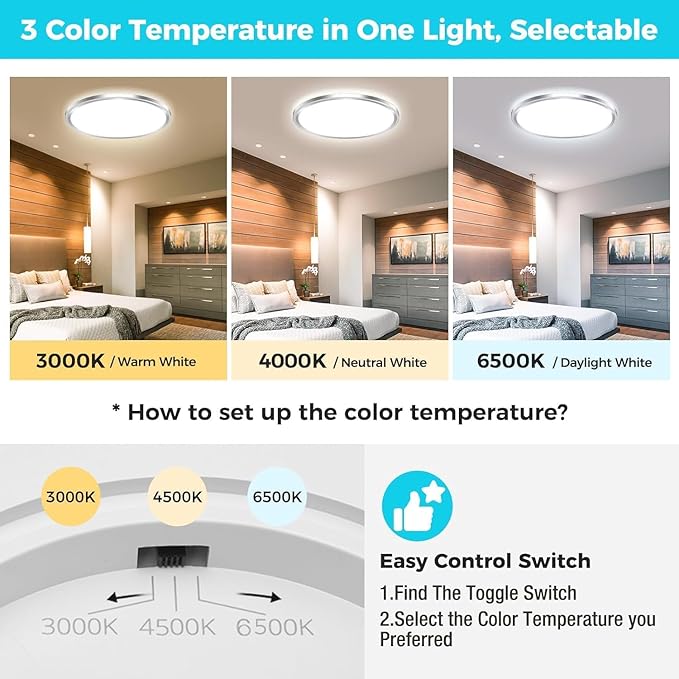 zemty LED Ceiling Light Fixture, 6.5-Inch 12W 1200lm Small Flush Mount Light, Adjustable 3000K 4000K 6500K Color Temperatures, Round Flat Recessed Lighting for Kitchen Closet Hallway Laundry, Nickel