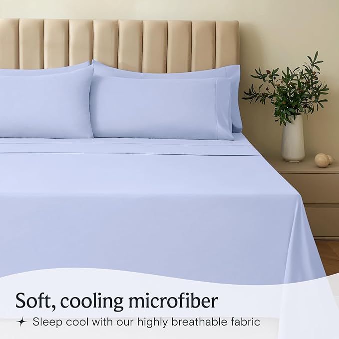 LuxClub 4 PC Sheet Set Bed Sheets Deep Pockets 16" Eco Friendly Wrinkle Free Cooling Machine Washable Hotel Bedding Silky Soft - Sky Blue Queen