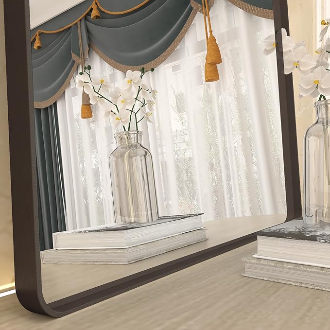 48x32 Bronze Bathroom Mirror, Brushed Bronze Framed Bathroom Vanity Mirror, Rounded Rectangle Mirror for Wall, Shatterproof, Wall Mounted, Anti-Rust (Horizontal/Vertical)