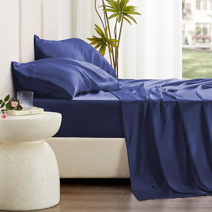 Love's cabin Full Size Satin Sheet Sets - 4 Piece Navy Blue Silky Sheet Set Full with Deep Pocket, Luxury Silk Feel Satin Bed Sheets Full Bedding Set (1 Flat Sheet,1 Fitted Sheet,2 Pillow Cases)
