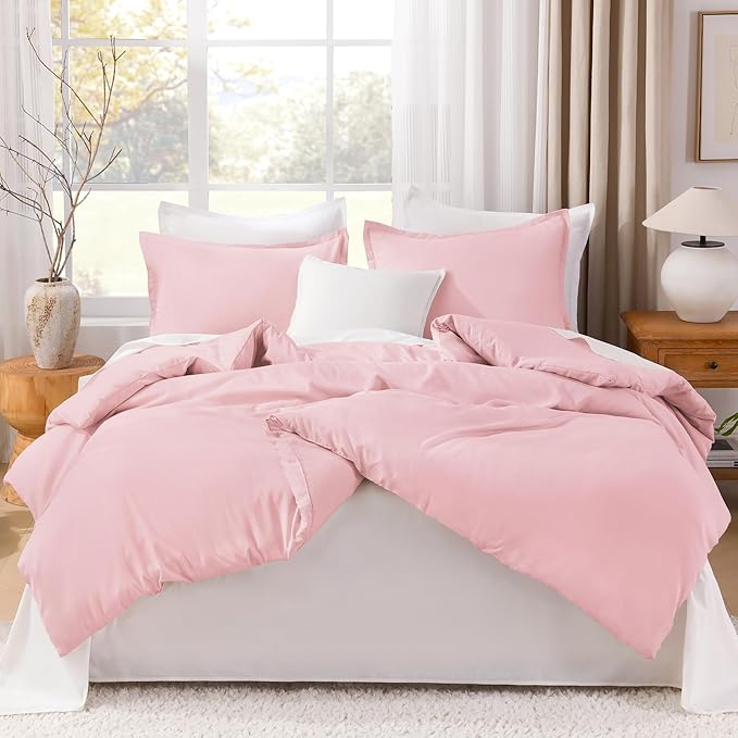 Litanika Comforters Pink Oversized King Size, 3 Pieces Lightweight Solid Bedding Set & Collections, All Season Fluffy Bed Set (120x98In Comforter & 2 Pillowcases)