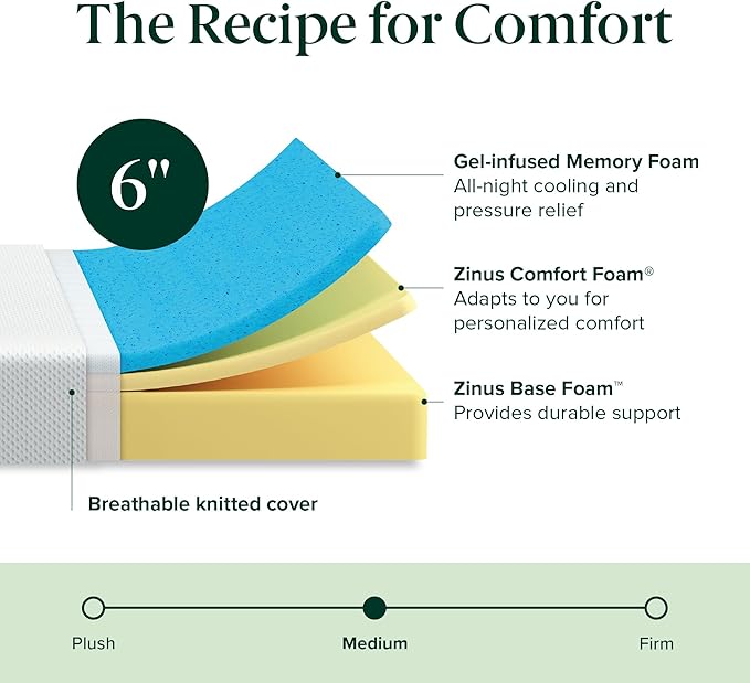 ZINUS 6 Inch Green Tea Cooling Memory Foam Mattress [New Version], Full, Fiberglass Free, Medium Firmness, Cooling Gel Foam, Certified Safe Foams & Fabric, Mattress in A Box