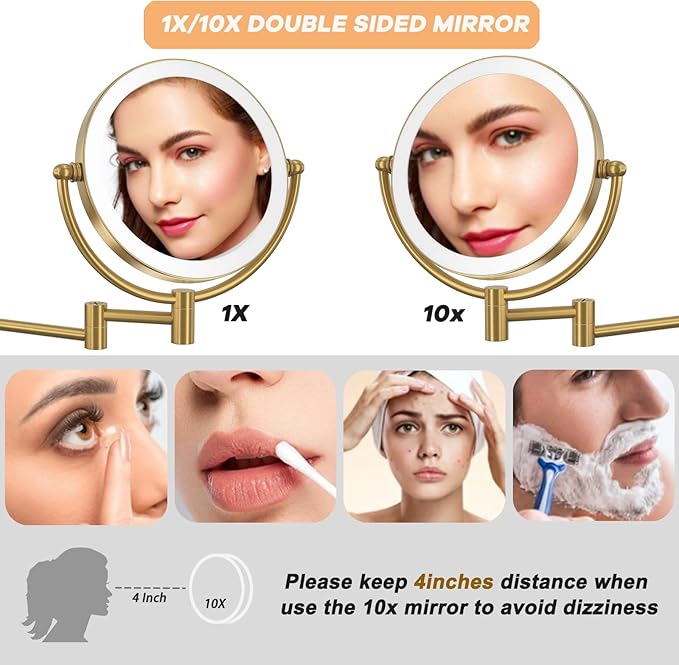 8" Make up Mirror Wall Mounted Lighted 10X Magnifying Hard Wired, Double Sides 3 Color Lighting Touch Dimming, 360 Swivel Extended Arm Shaving Light up Mirror for Bathroom, Brushed Moderne Brass