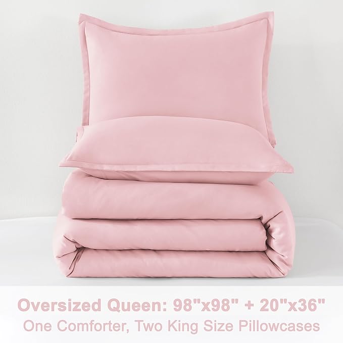 Litanika Comforters Pink Oversized Queen Size, 3 Pieces Lightweight Solid Bedding Set & Collections, All Season Fluffy Bed Set (98x98In Comforter & 2 Pillowcases)