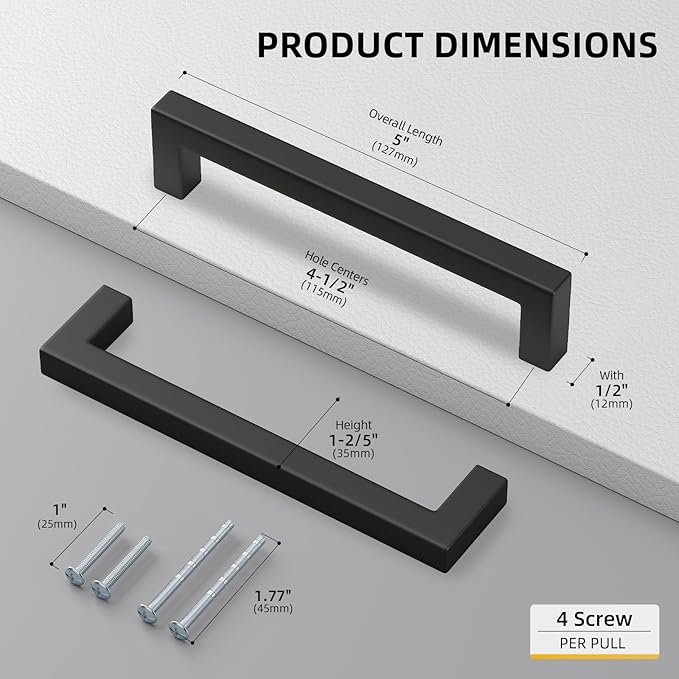 goldenwarm 200 Pack 4-1/2 Inch Black Cabinet Handles Matte Black Drawer Pulls Stainless Steel Cabinets Hardware Square Bar Modern for Kitchen Bathroom Cupboard