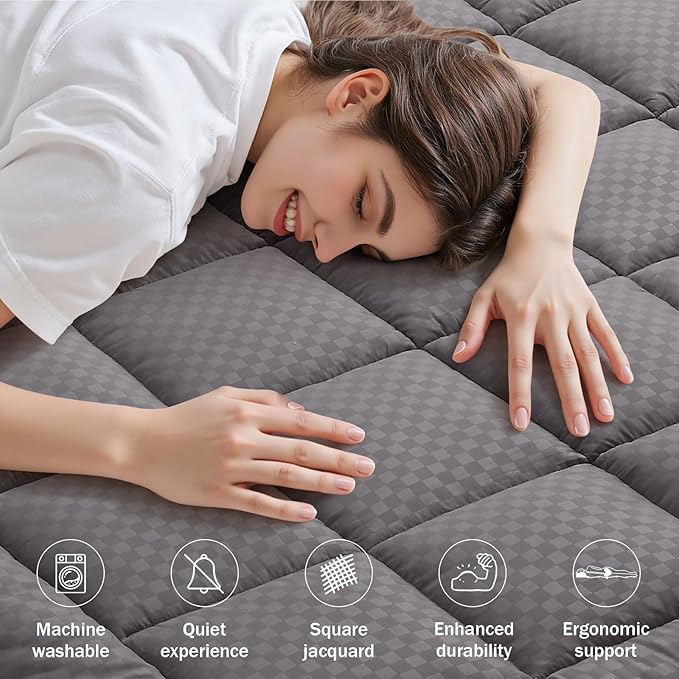 OLANLY Queen Quilted Fitted Mattress Pad – Soft Down Alternative Pillow Top Mattress Topper, Cooling Comfort Breathable Mattress Cover, Machine Washable Deep Pocket Mattress Protector, Dark Grey