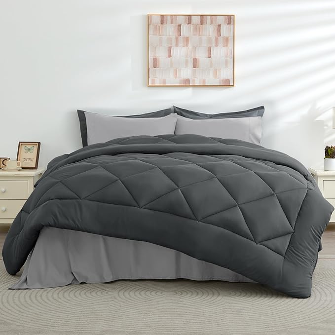 HEVUMYI King Comforter Set - 7-Piece All Season Bed in a Bag King, Ultra Soft Bedding Set with Comforter, Flat Sheet, Fitted Sheet, Pillowcases, Pillow Shams, Dark Grey & Light Grey