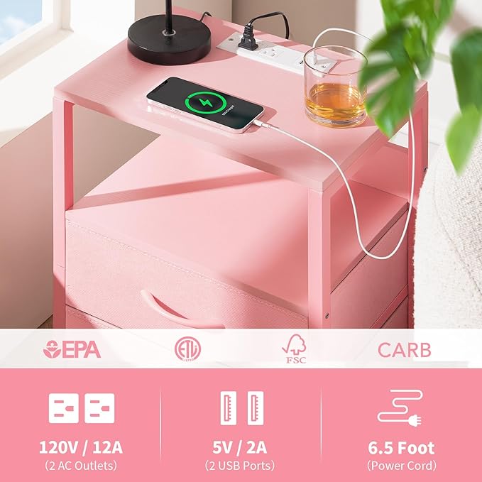 Yoobure Nightstand with Charging Station, Small Night Stand with Fabric Drawers and Storage Shelf for Bedrooms, Nightstands for Small Spaces, Bedside Table with USB Ports & Outlets Bed Side Table