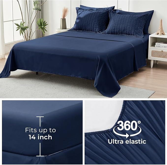 HYMOKEGE Navy Blue King Size Comforter Set Seersucker 7 Pieces, All Season Luxury Bed in a Bag for Bedroom, Bedding Set with Comforters, Sheets, Pillowcases & Shams