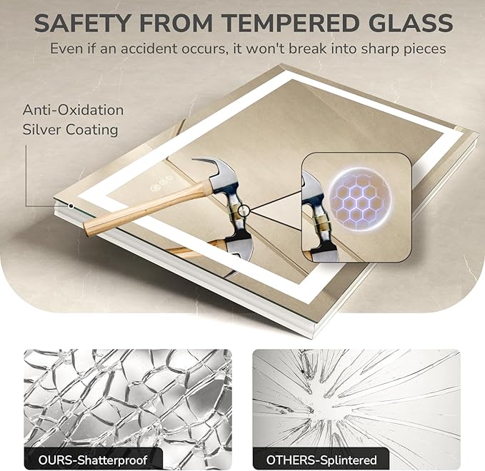 USHOWER LED Bathroom Mirror 40x32 Inch with Lights - Frameless Tempered Glass LED Backlit Lighted Mirror for Bathroom Vanity with Anti-Fog, 3 Colors Dimmable, Memory Function, Wall-Mounted