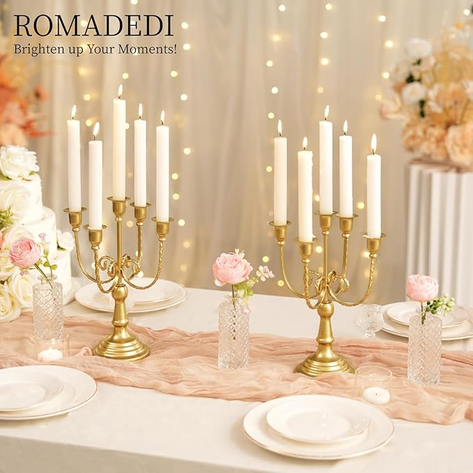 Romadedi Candelabra Gold Candle Holders - 5 Arm 11.8" Wedding Candlestick Holder for Theme Party Table Centerpiece Decor Dining Room Birthday Holiday Christmas, Set of 2