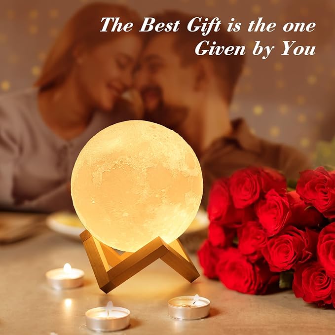 Mydethun Moon Lamp 3D Night Light - 5.9' Christmas Table Decor w/Wooden Base, Gift for Women, Mom & Kids, Bedroom Decor w/Touch-Dimmable & USB Rechargeable, Dual-Color White/Warm Yellow