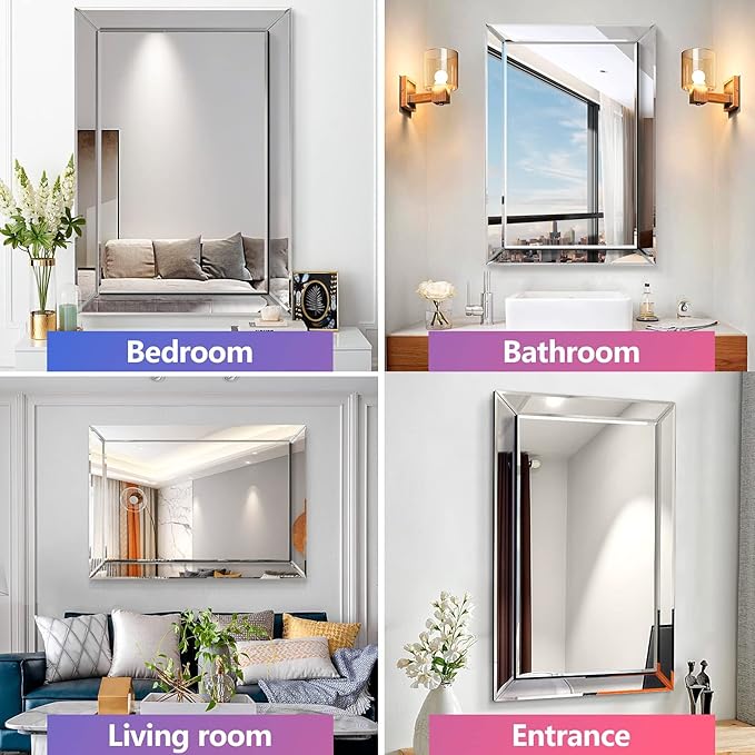 Pregaspor Mirror on Mirror Wall Mirror for Bathroom, 22" x 32" Rectangular Frameless Bathroom Vanity Mirrors for Wall, Polished Beveled Edge Decorative Mirrors for Living Room, Washroom and Bedroom