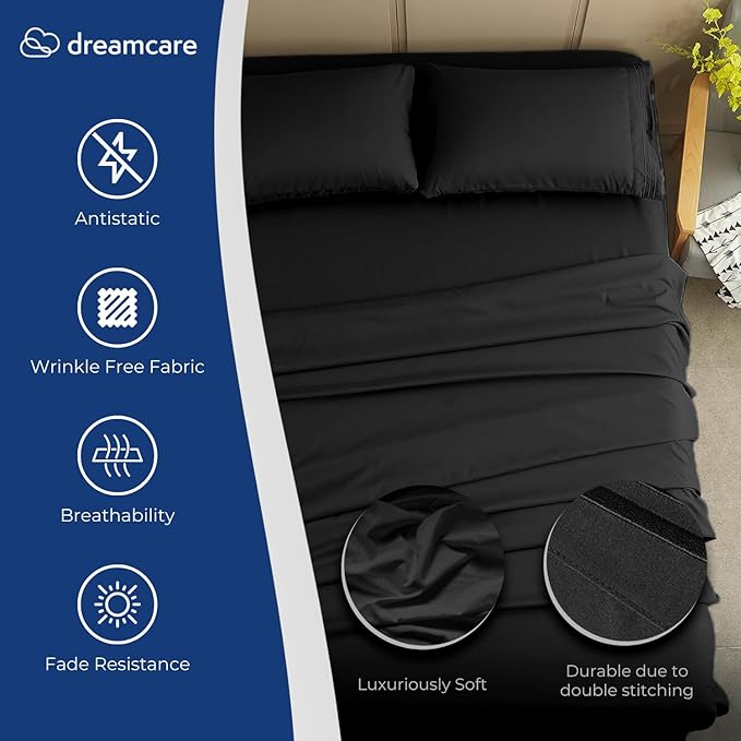 DREAMCARE Full Size Sheets – 4 pcs Cooling Sheets – up to 21” Deep Full Sheet Set – Hotel Luxury Sheets & Pillowcases – Superior Softness 100% Fine Microfiber with Side Pocket – Black