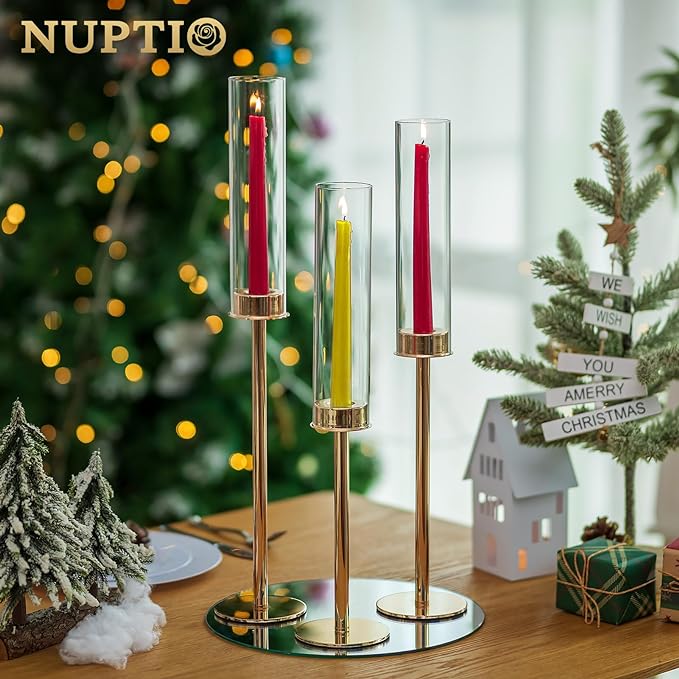 NUPTIO Hurricane Glass Candle Holders: Set of 6 Tall Gold Metal Candlestick Holder with Chimney Tube Brass Tiered Taper Candles Stands for Christmas Holiday Party Decoration 23.6 & 21.7 & 19.7 in