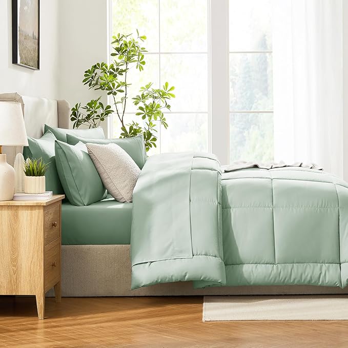 CozyLux Twin Comforter Set with Sheets Sage Green, 5 Pieces Bed in a Bag, Green Comforter Twin Size, All Season Bedding Set with Stitch Quilted Comforter, Flat Sheet, Fitted Sheet, Pillowcases