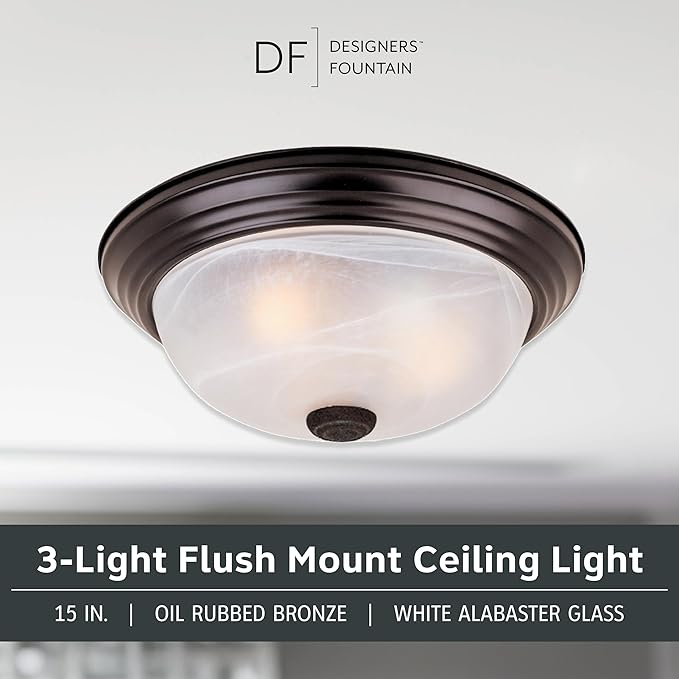 DESIGNERS FOUNTAIN Reedley 3-Lights Flush Mount Ceiling Light, 15 Inch Lighting Fixture for Kitchen, Bedroom, Bathroom, and Hallway, White Alabaster Glass, Oil Rubbed Bronze, 1257L-ORB-AL