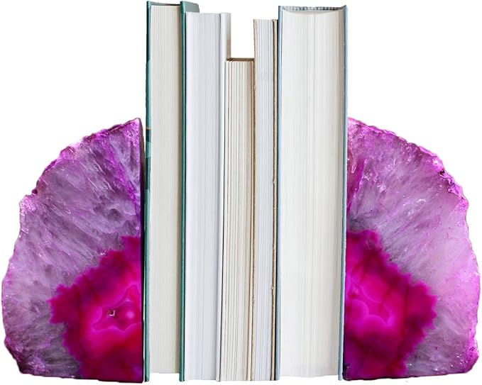 AMOYSTONE Large Pink Agate Decorative Bookends Dyed Polished 1 Pair 6-8 Lbs Natural Heavy Duty Crystal Book Stopper