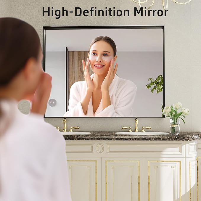 48x32 Inch Black Bathroom Mirrors for Over Sink, Contemporary Wall Mirror, Rectangle Framed Mirrors for Bathroom, Decorative Vanity Mirror for Living Room Entryway Horizontal/Vertical